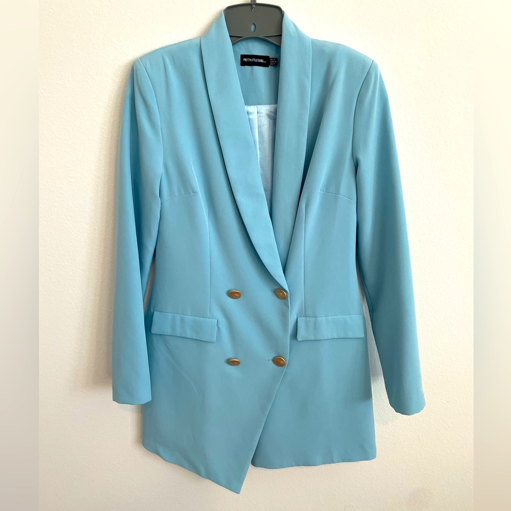 Pretty Little Thing - Baby Blue Gold Button Blazer Dress - Size US 4